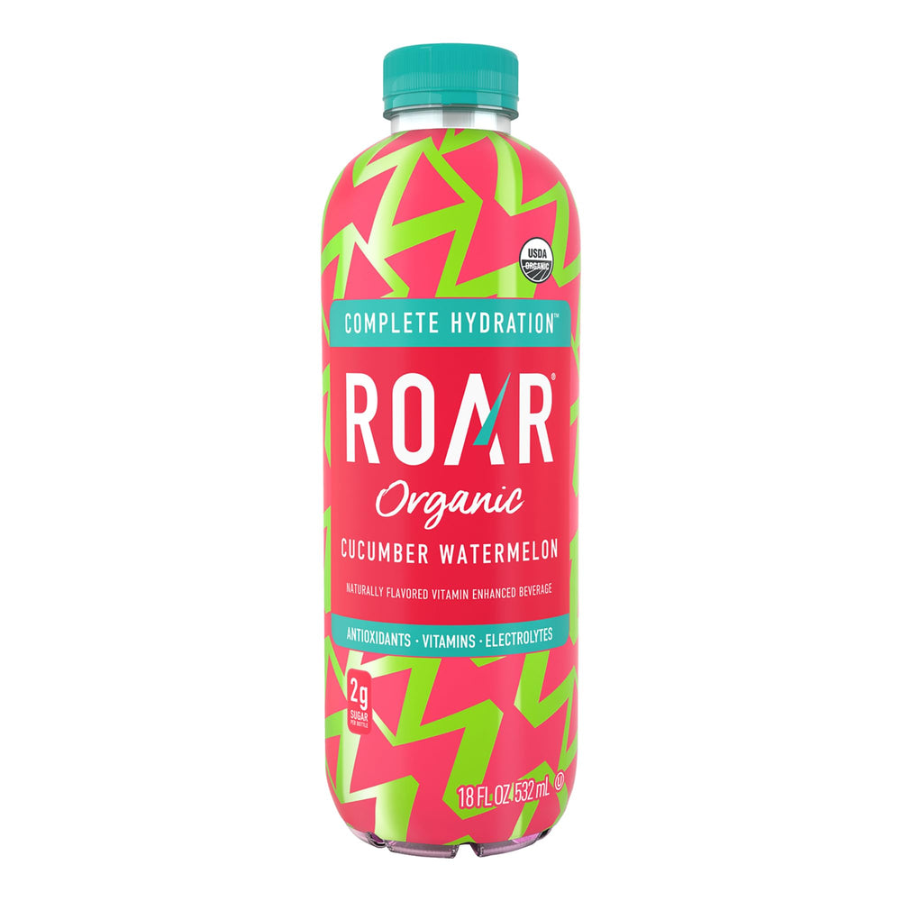 Roar close-up of bottle label and coconut-water texture highlighting organic ingredients and vitamin benefits
