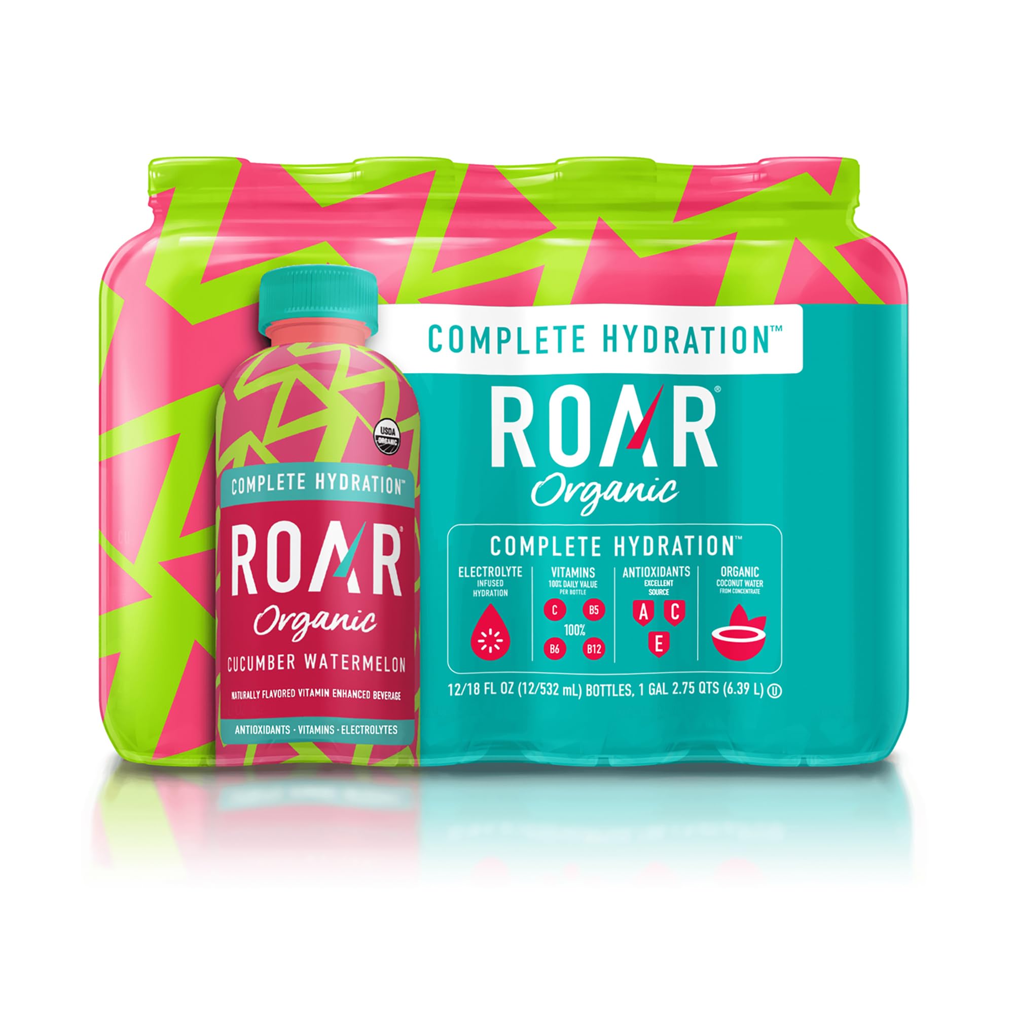 Roar front packaging of cucumber watermelon bottles showing convenient 18-ounce size and refreshing flavor