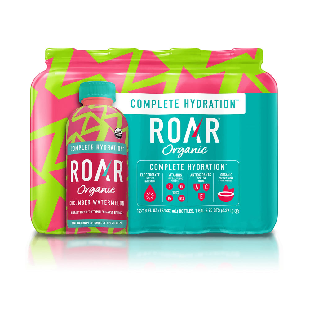Roar front packaging of cucumber watermelon bottles showing convenient 18-ounce size and refreshing flavor