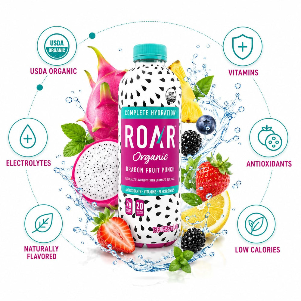 ROAR Dragon Fruit Punch bottle close-up emphasizing bold color benefit