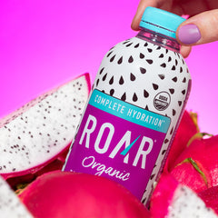 ROAR close-up label highlighting organic coconut water and vitamin panel