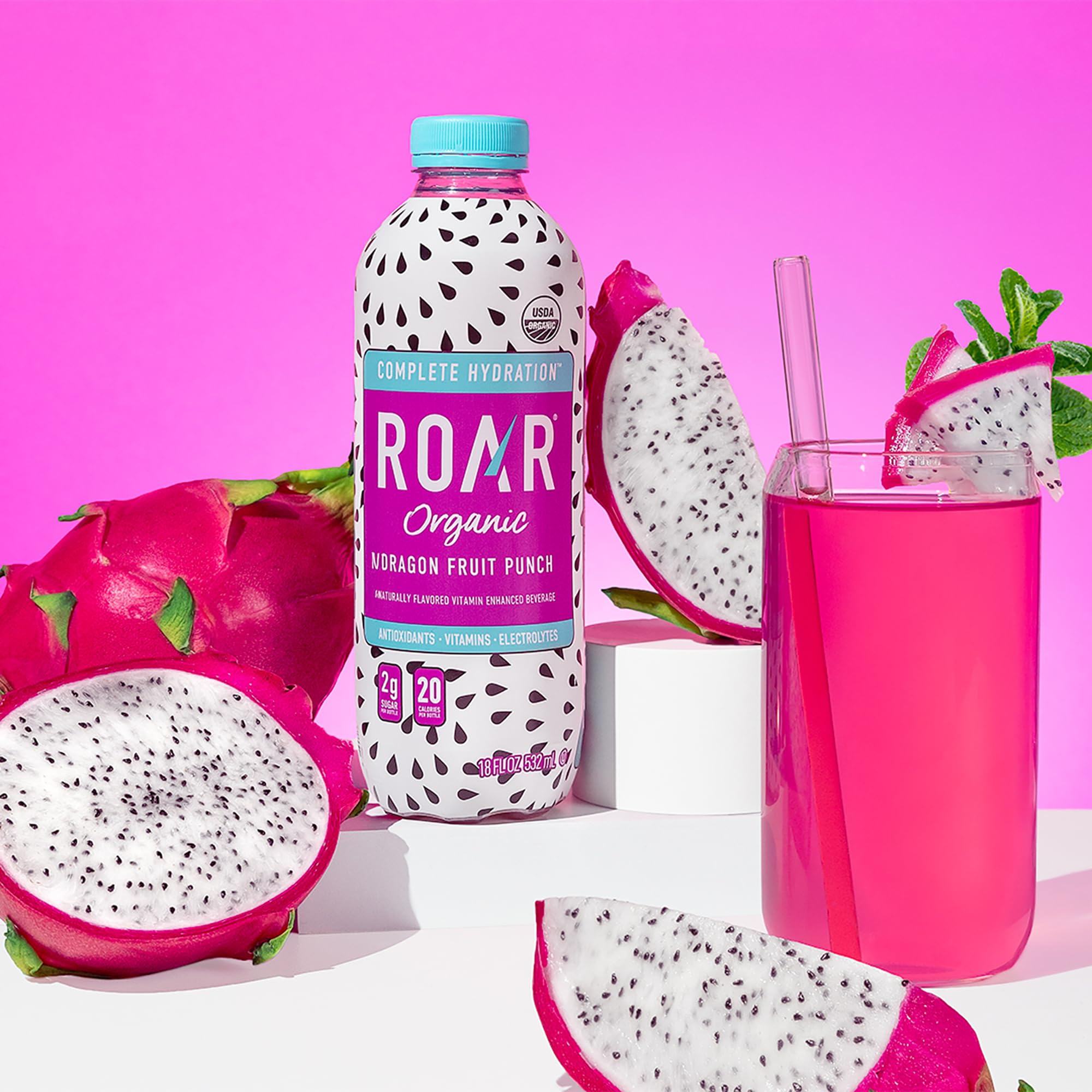 ROAR splash close-up showing vibrant texture and refreshing appearance