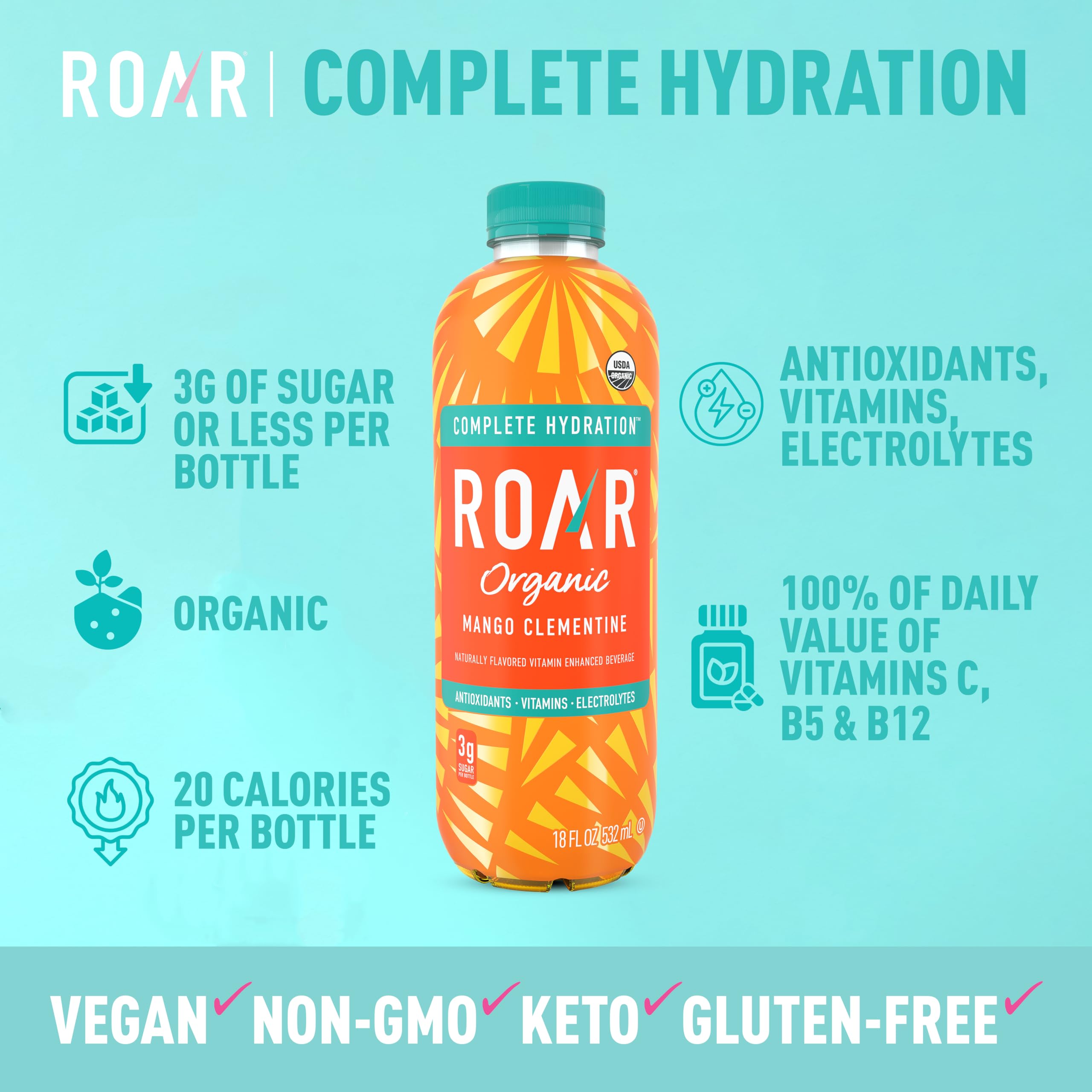 Roar Organic bottle label close-up showing organic ingredients and vitamins