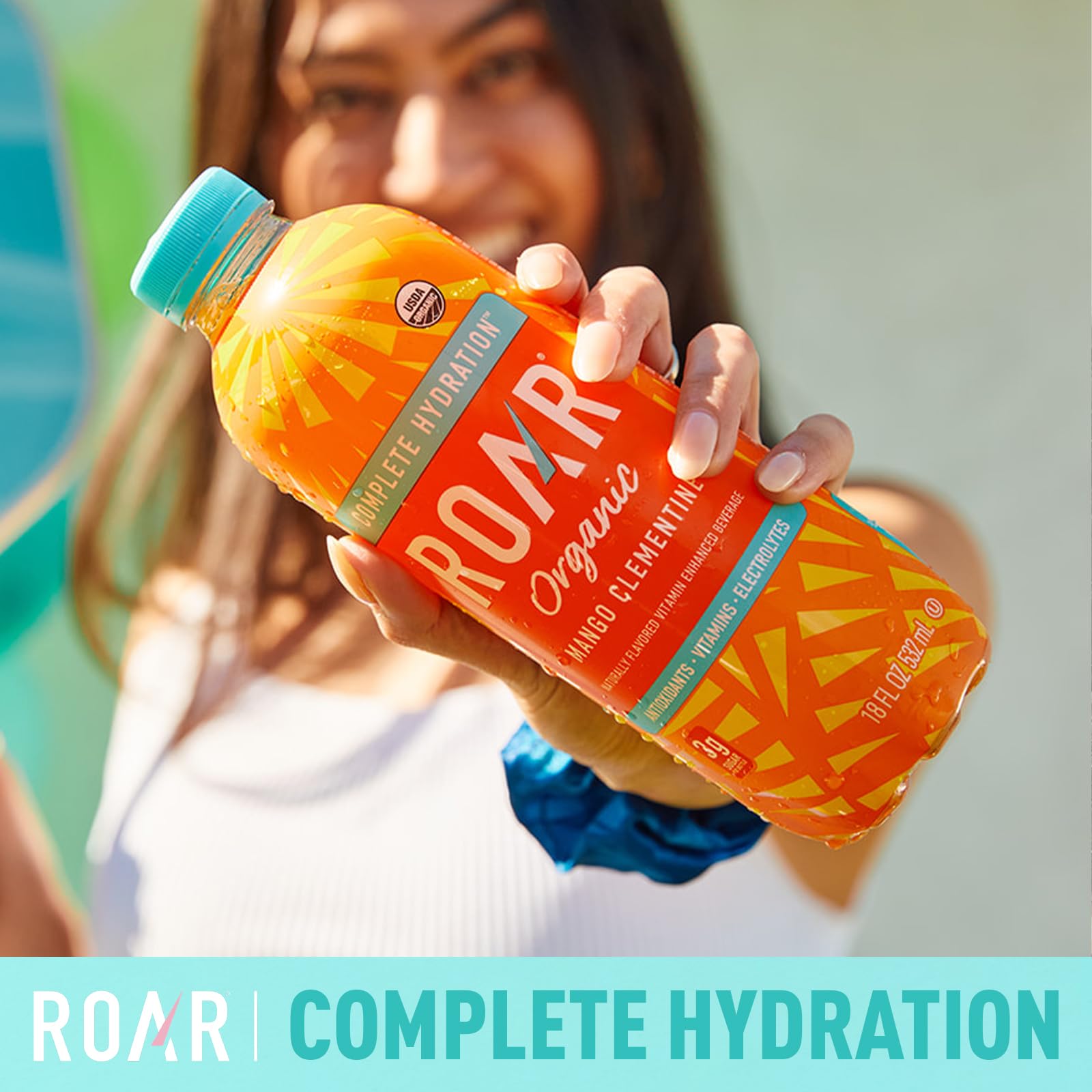 Roar Organic bottle condensation close-up highlighting refreshing texture