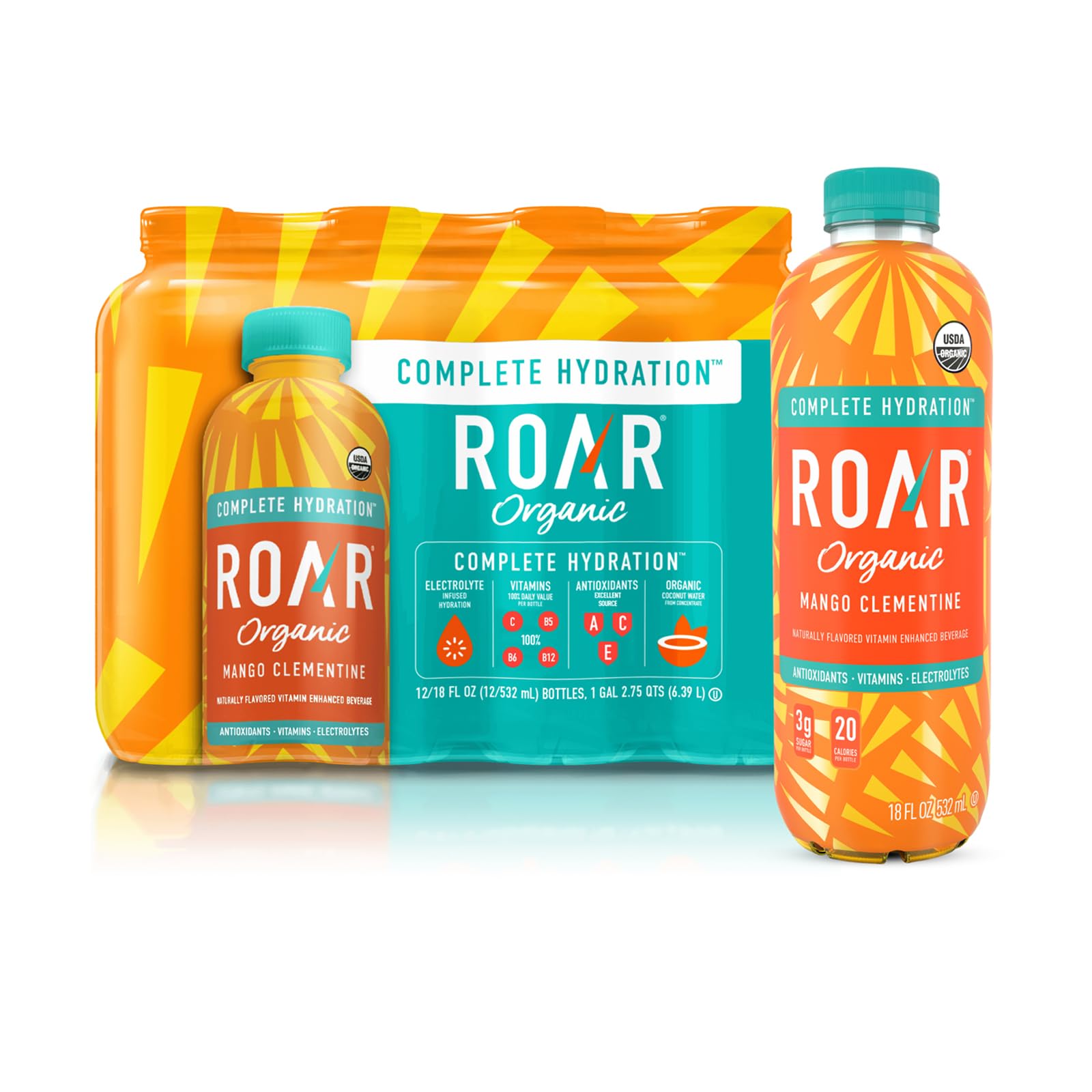 Roar Organic front packaging showcasing Mango Clementine flavor and benefits