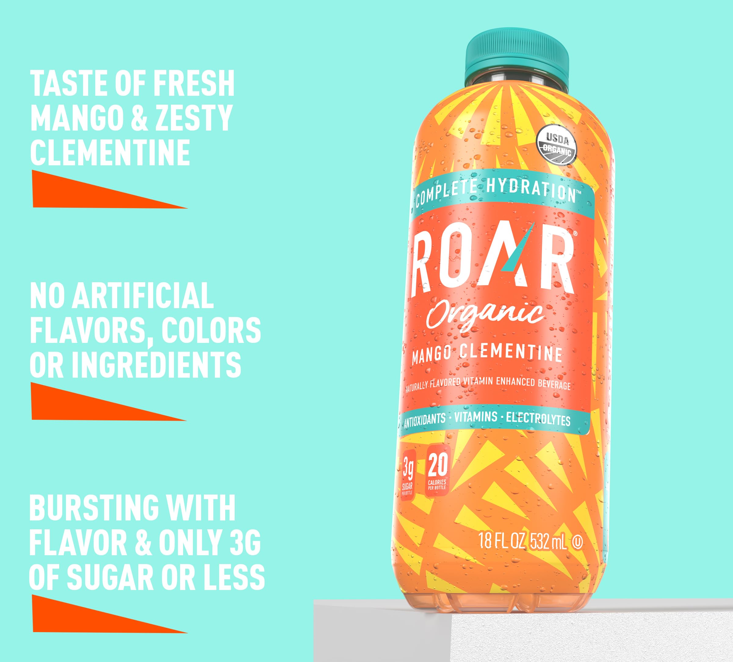 Roar Organic bottle in hand showing scale and portable convenience