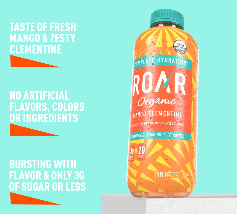 Roar Organic bottle in hand showing scale and portable convenience