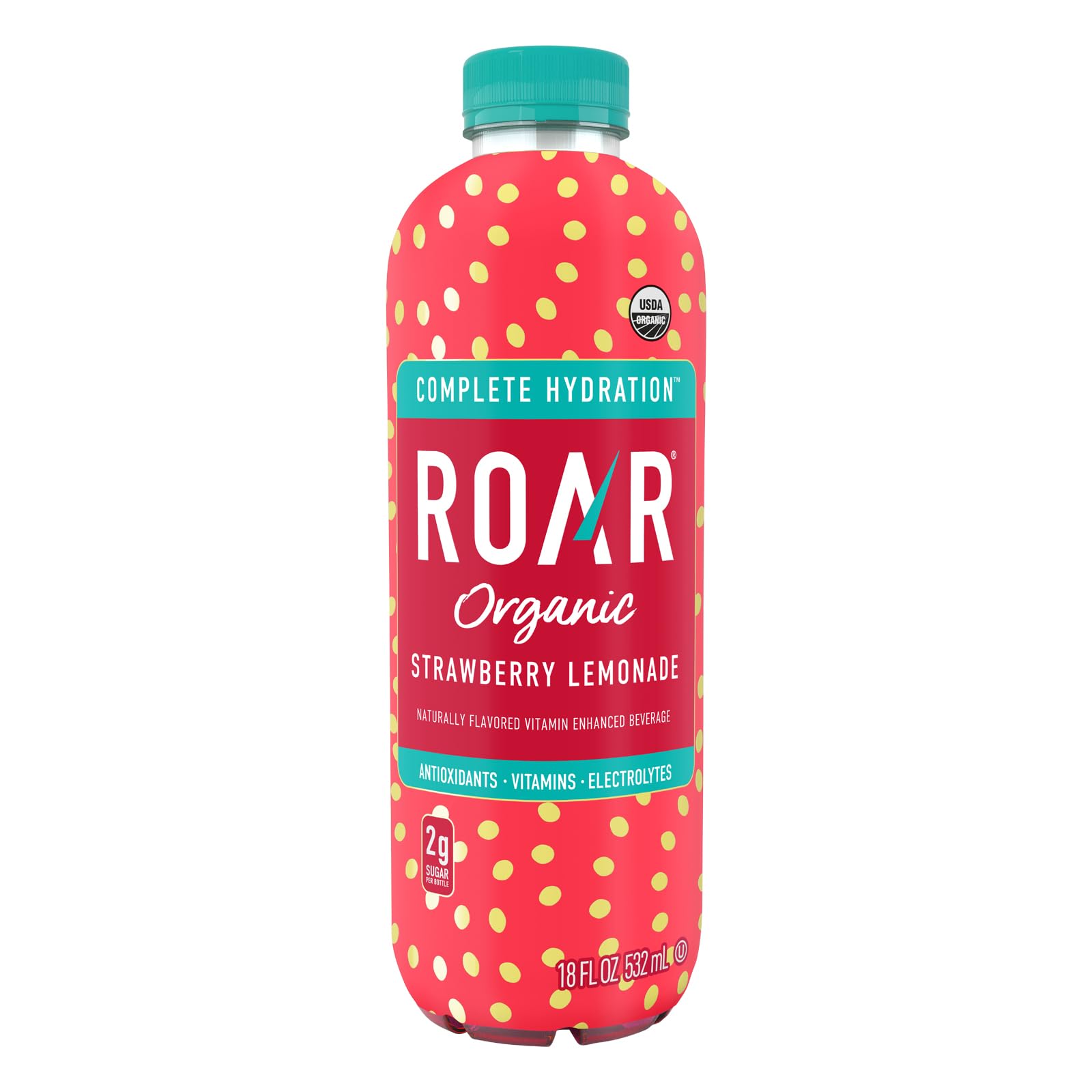 ROAR single bottle close-up showing label details and vitamin benefits
