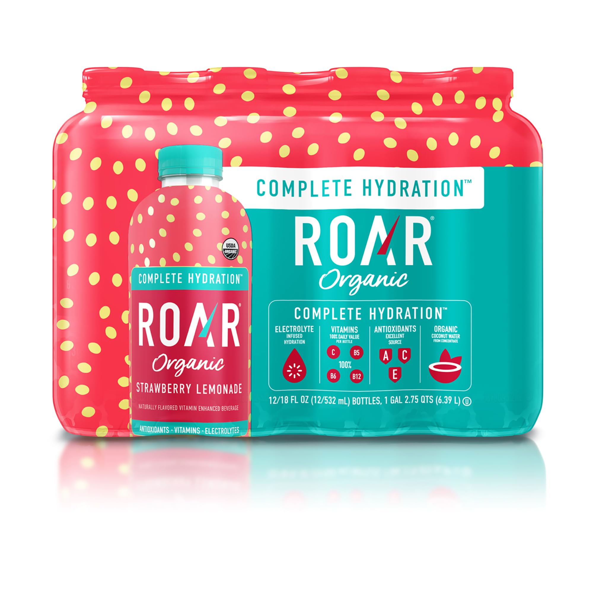 ROAR bottle front packaging showing strawberry lemonade flavor and vitamins for quick refreshment