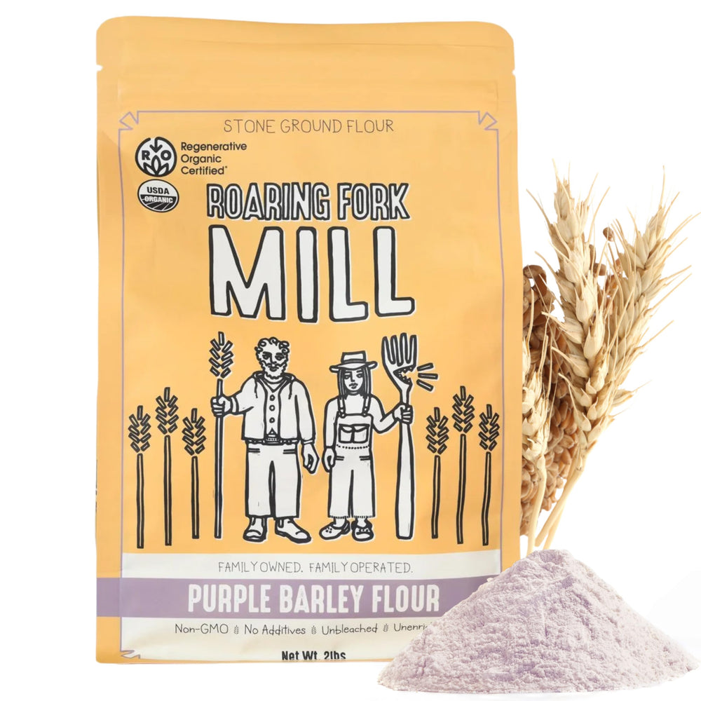 Roaring Fork Mill front packaging showing purple barley flour and artisan appeal