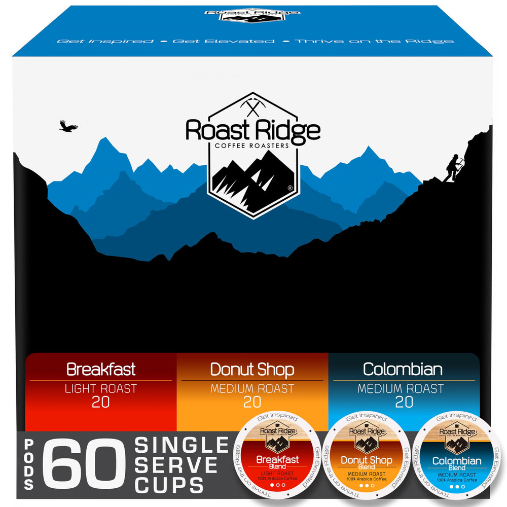 Roast Ridge front packaging showing 60-count variety pack and convenient K-Cup compatibility