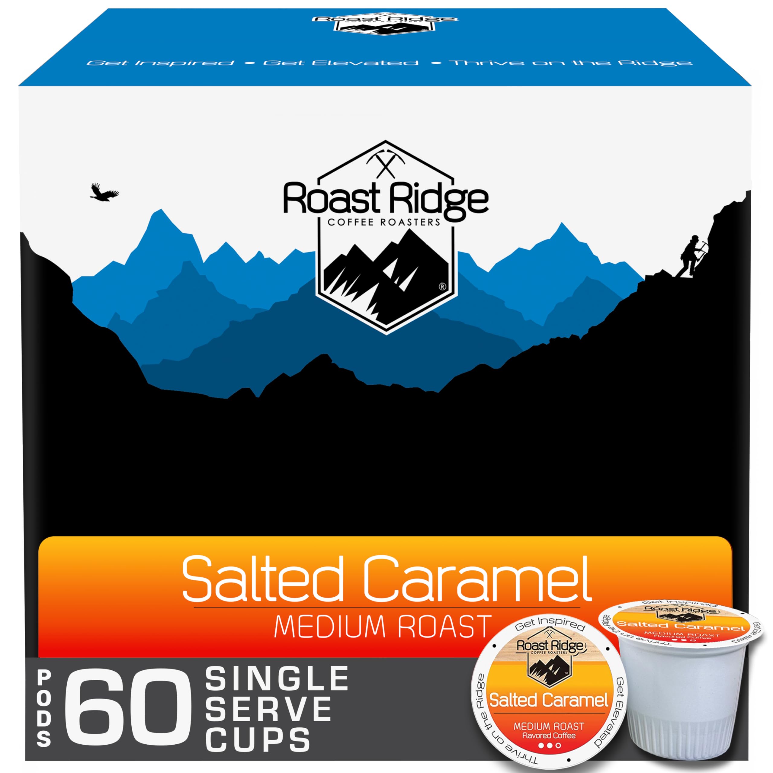 Roast Ridge front packaging showing 60-count salted caramel pods and benefits