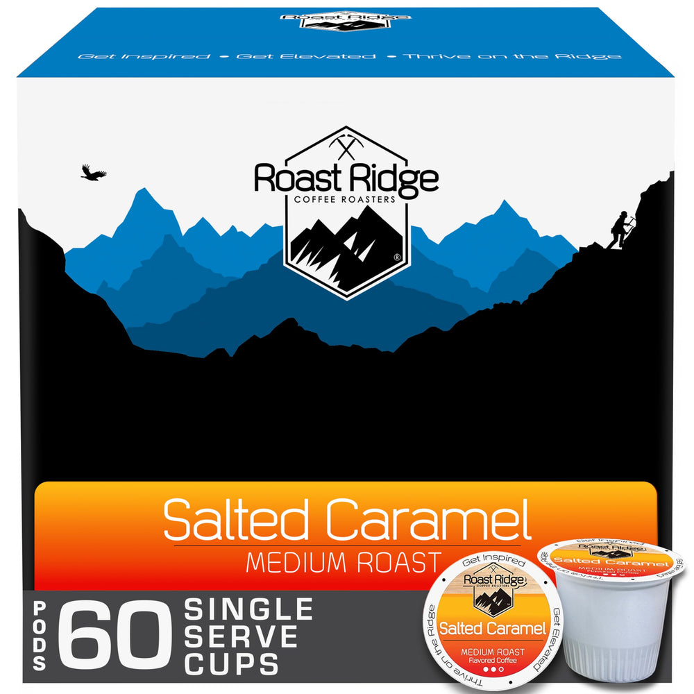 Roast Ridge front packaging showing 60-count salted caramel pods and benefits
