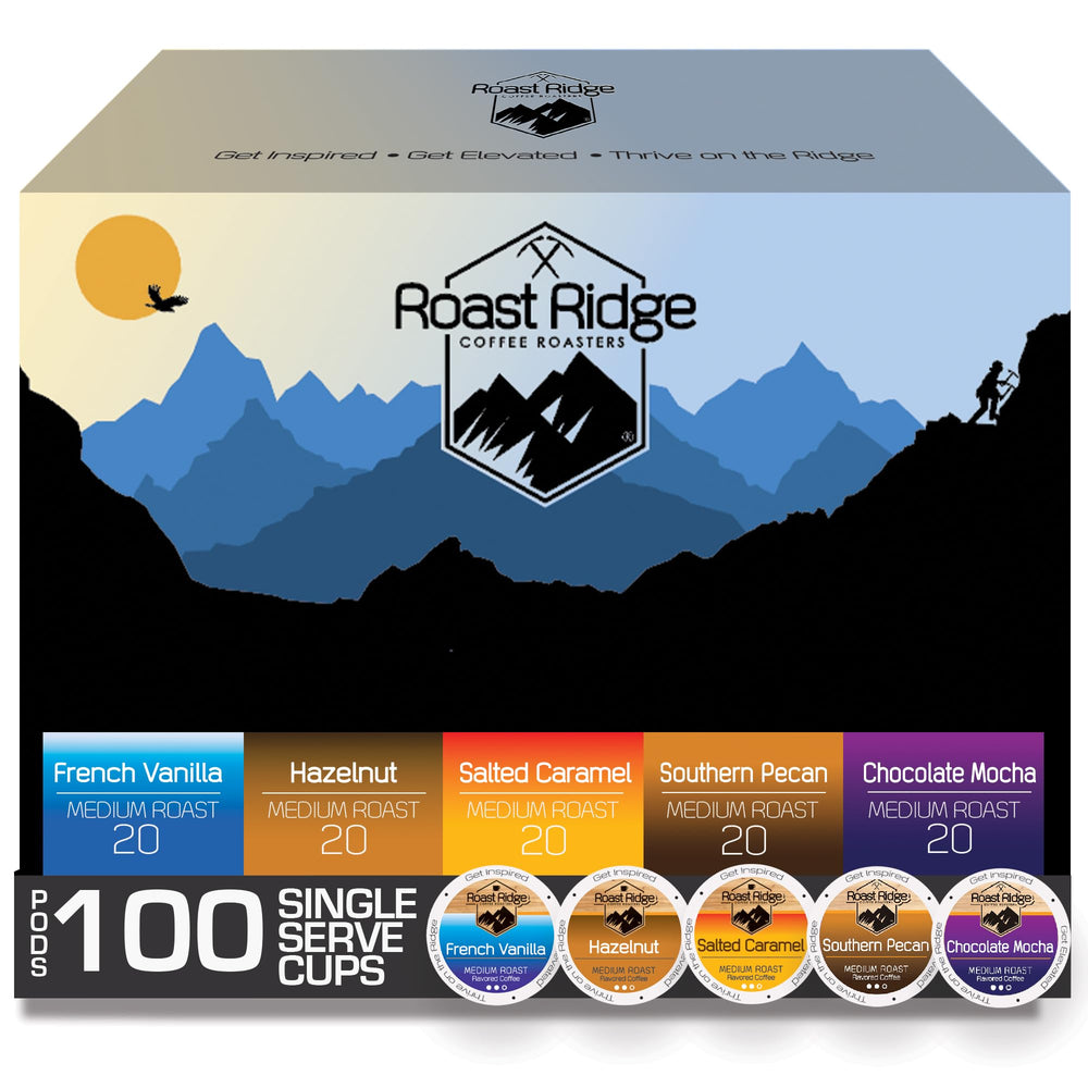 Roast Ridge front packaging showing 100-count variety pack and convenience