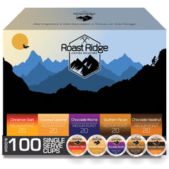 Roast Ridge front packaging showing 100-count variety pack and convenience