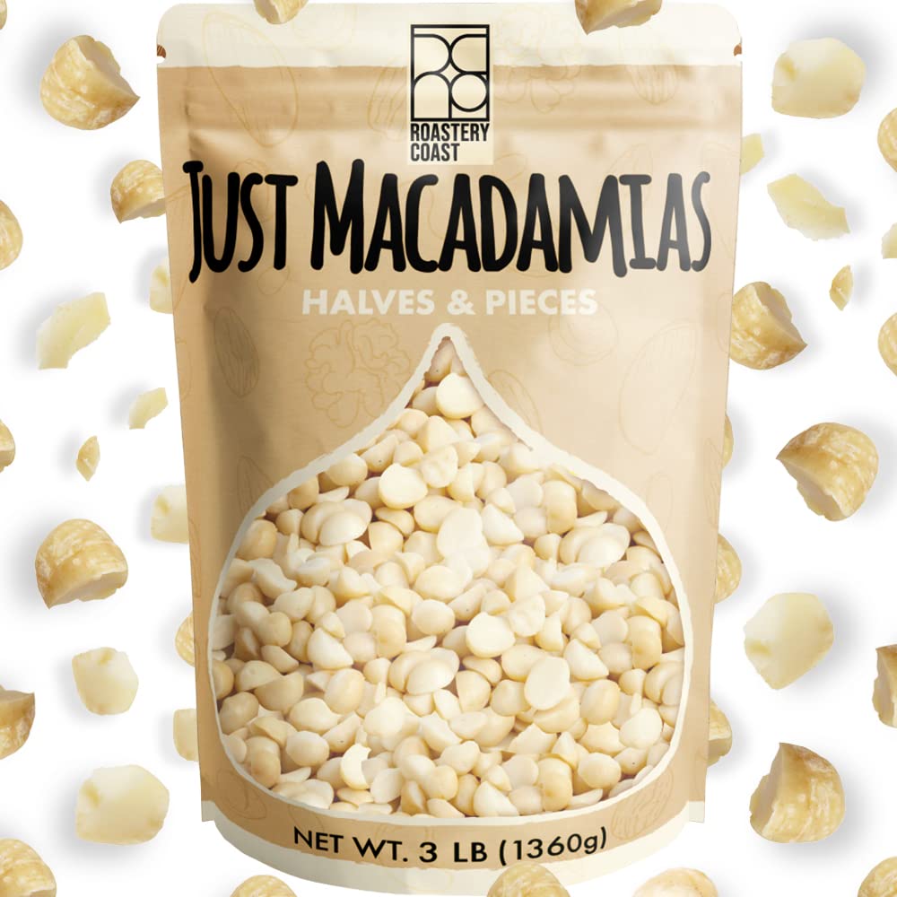 Roastery Coast front package showing bulk raw macadamia nuts and clear label benefit