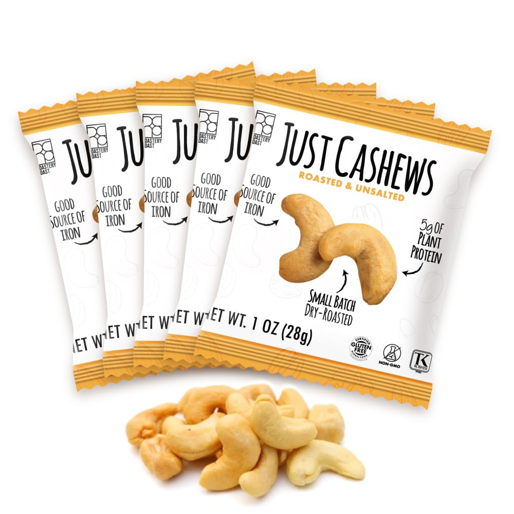 Roastery Coast front packaging showing 24 individual cashew packs and benefits