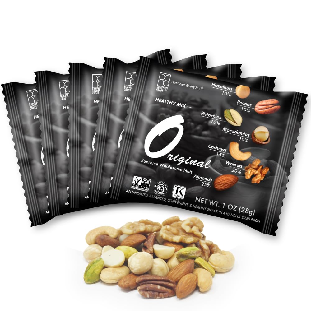 Roastery Coast front packaging showing 48-count deluxe mixed-nut packs and branding benefit