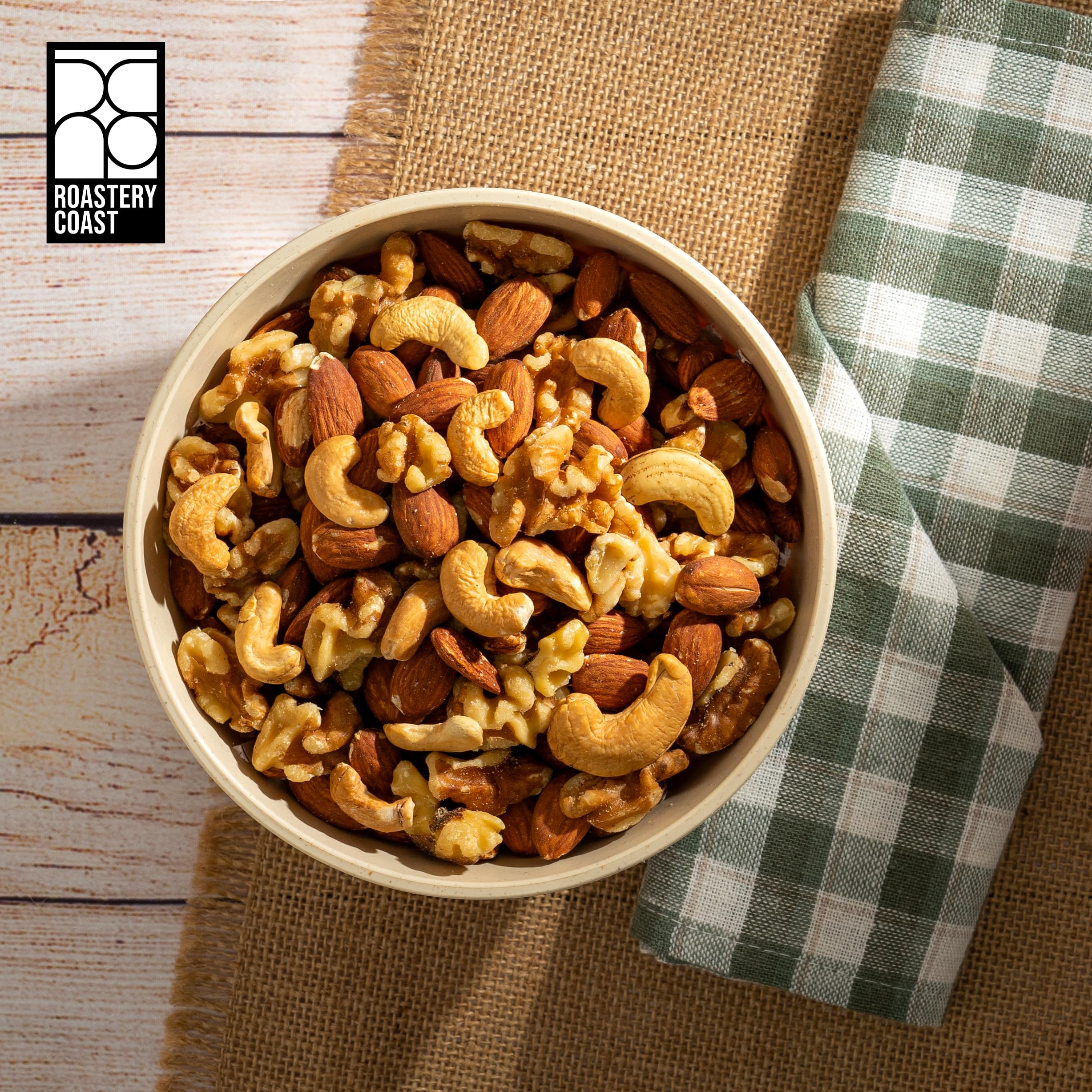 Roastery Coast mixed nuts texture detail emphasizing crunch and no-oil roast