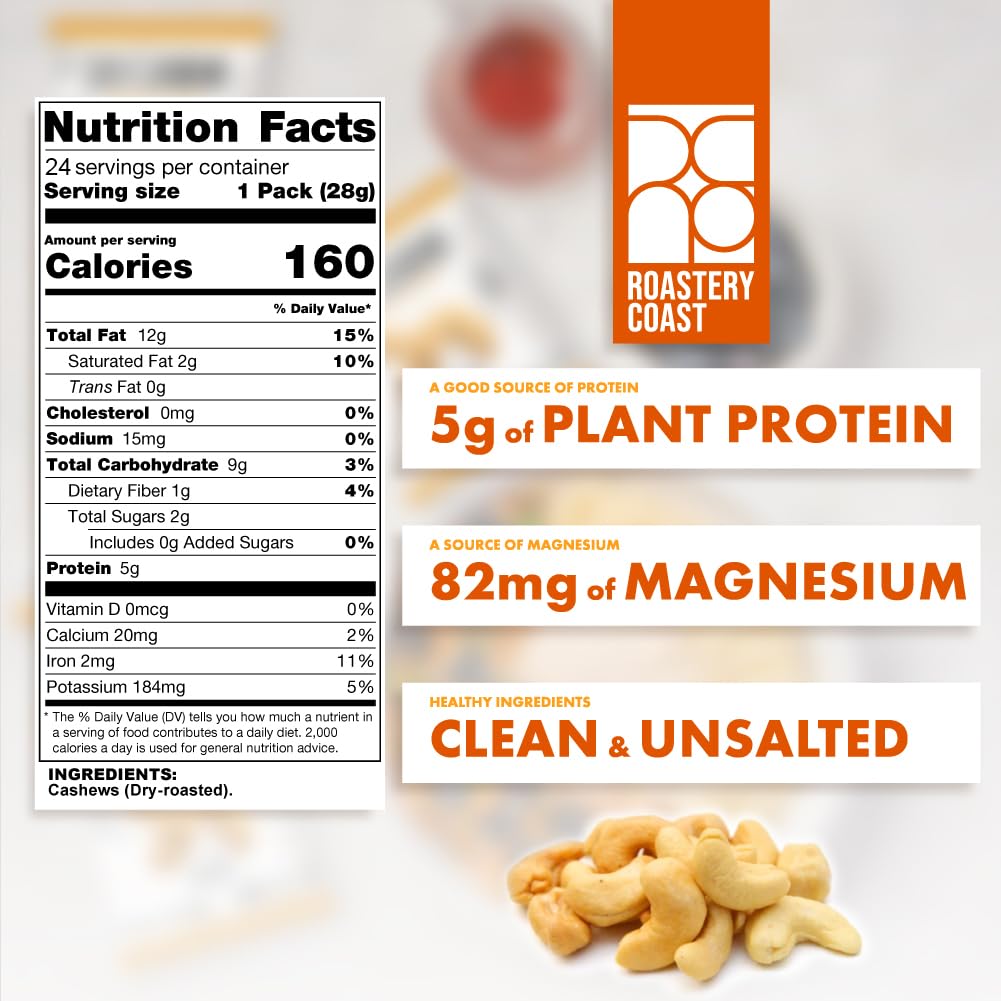 Roastery Coast open pouch revealing whole dry roasted cashews for quick serving