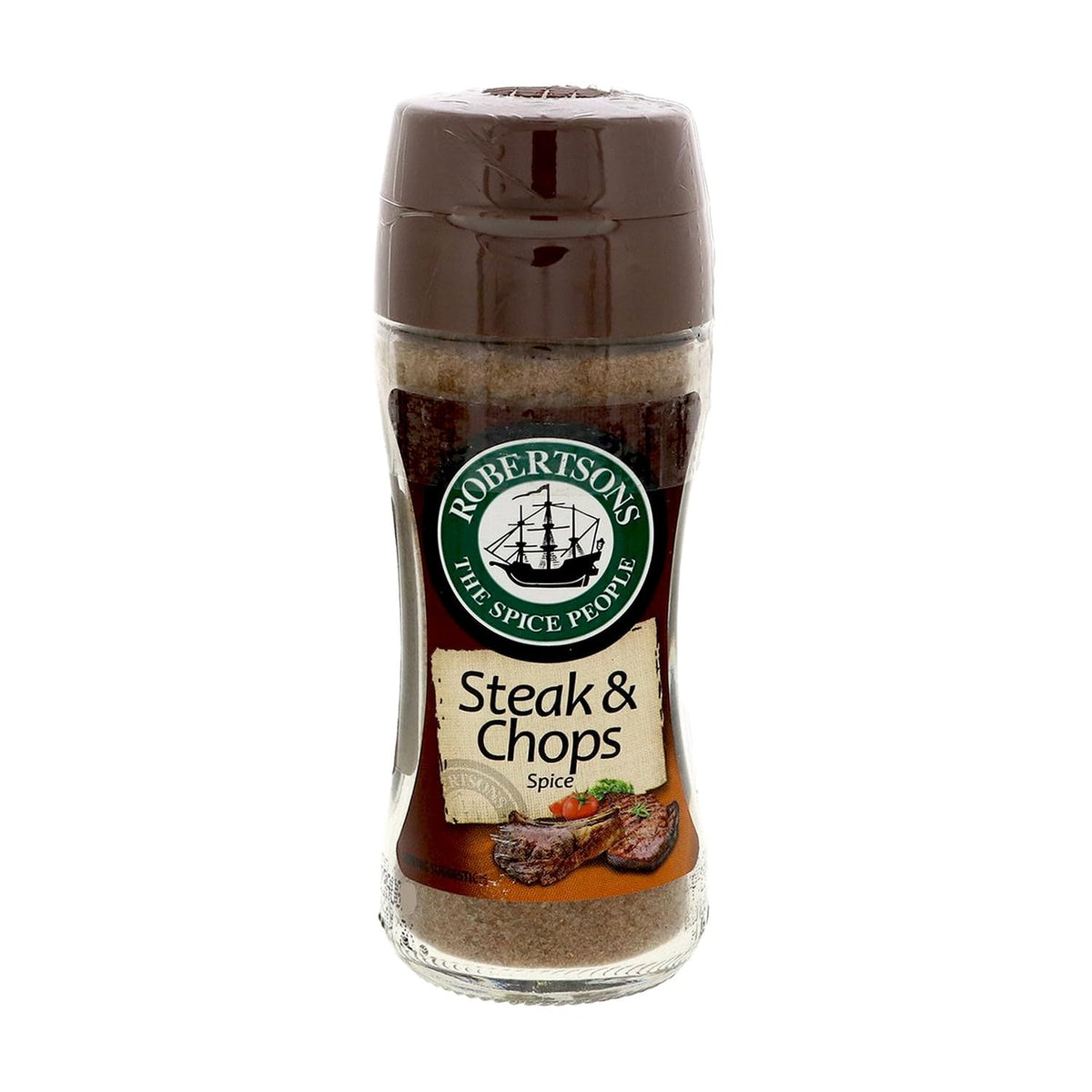 Robertson's front glass bottle displayed, seasoning adds rich grilled flavor