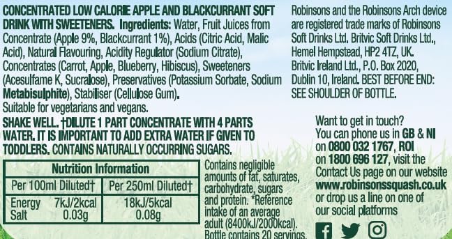Robinsons label close-up highlighting apple and blackcurrant imagery for flavor clarity