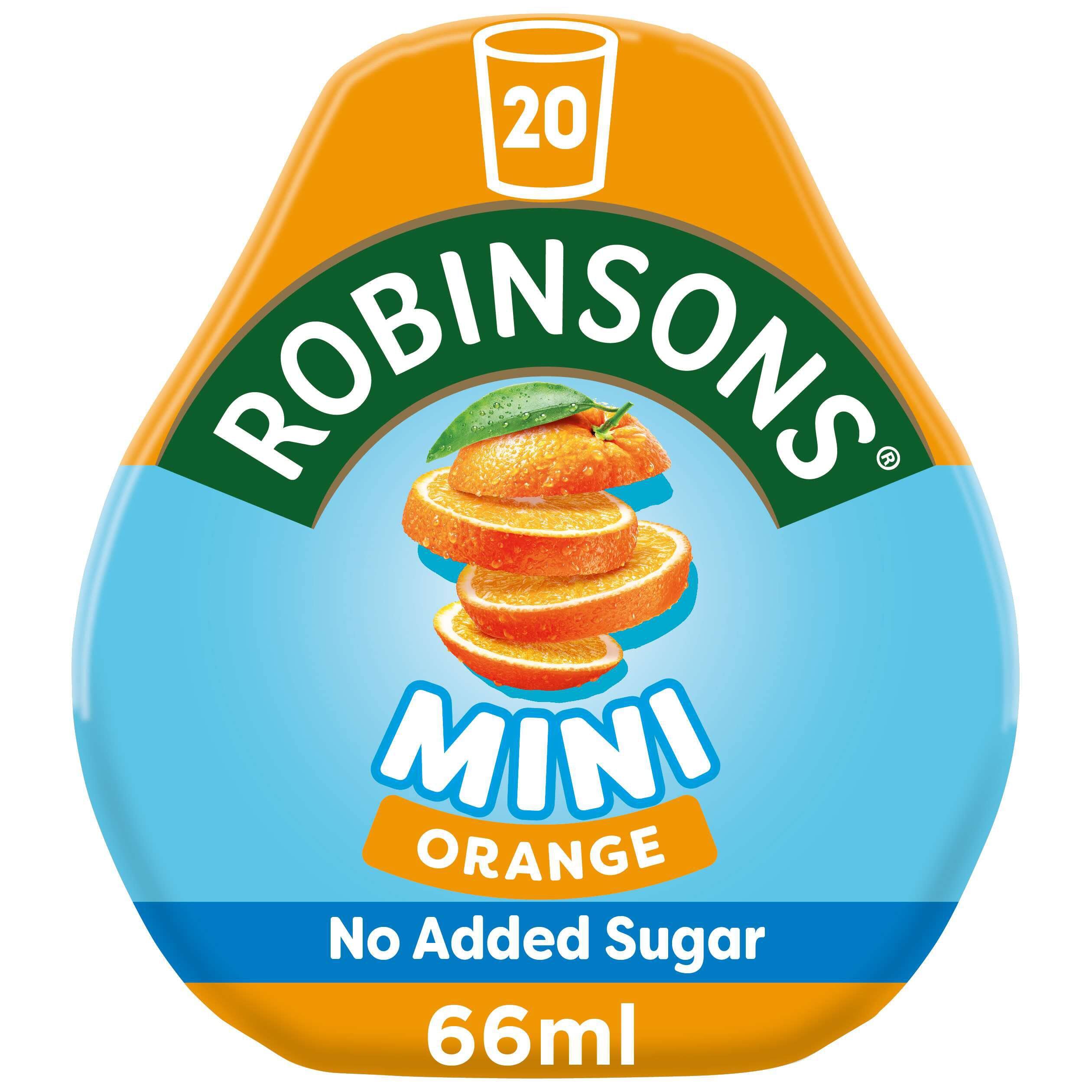 Robinsons Mini front pack showing six orange single-serve pouches and benefits