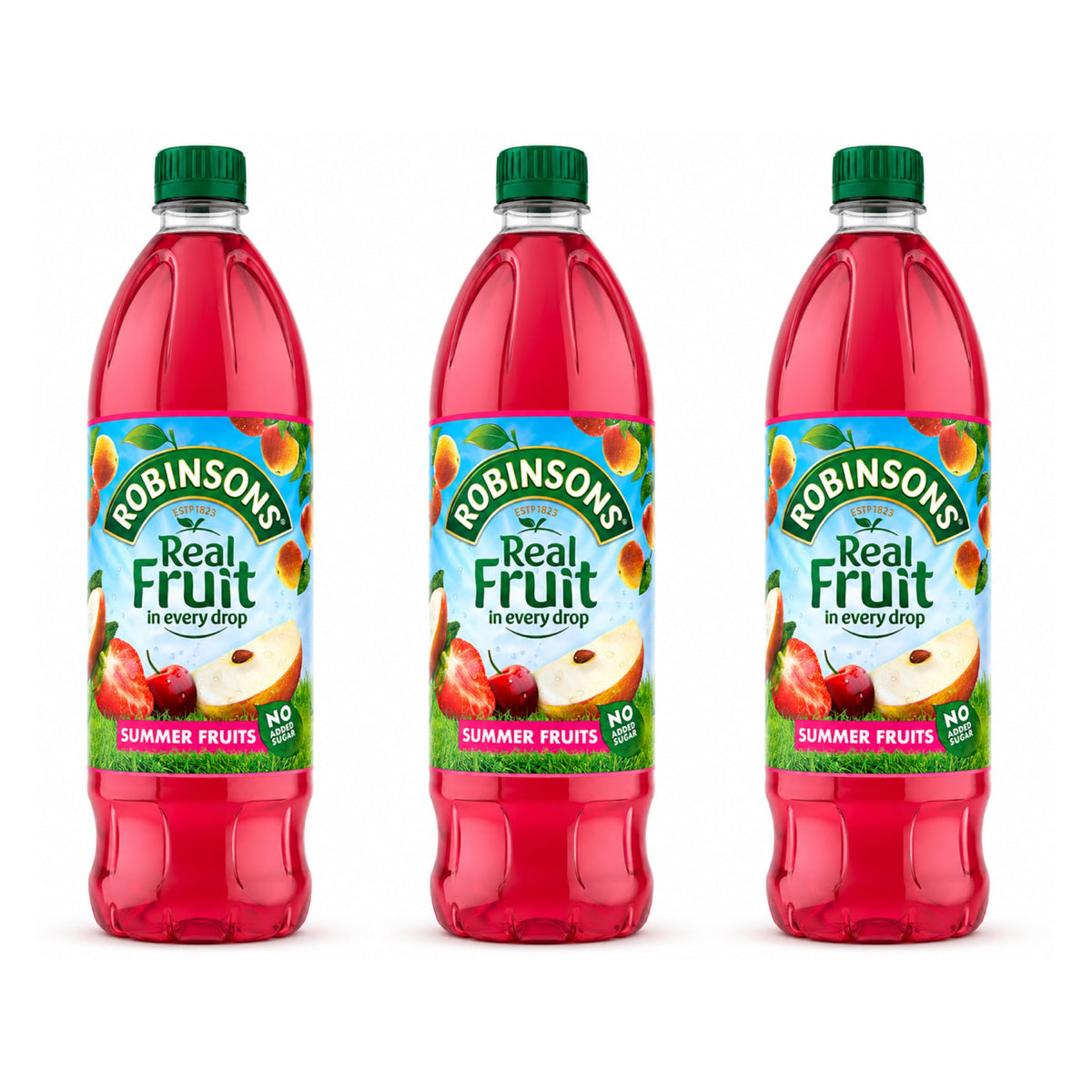 Robinsons front packaging showing three 1L bottles and bold summer fruits branding for easy identification