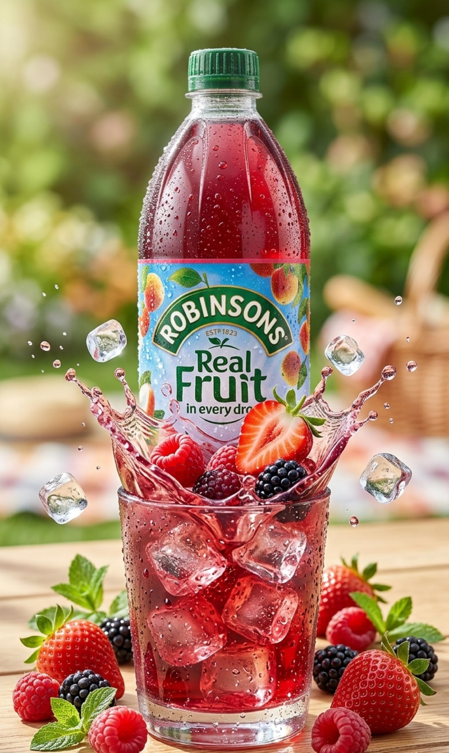 Robinsons squash poured into a tall glass over ice illustrating refreshment and adjustable dilution