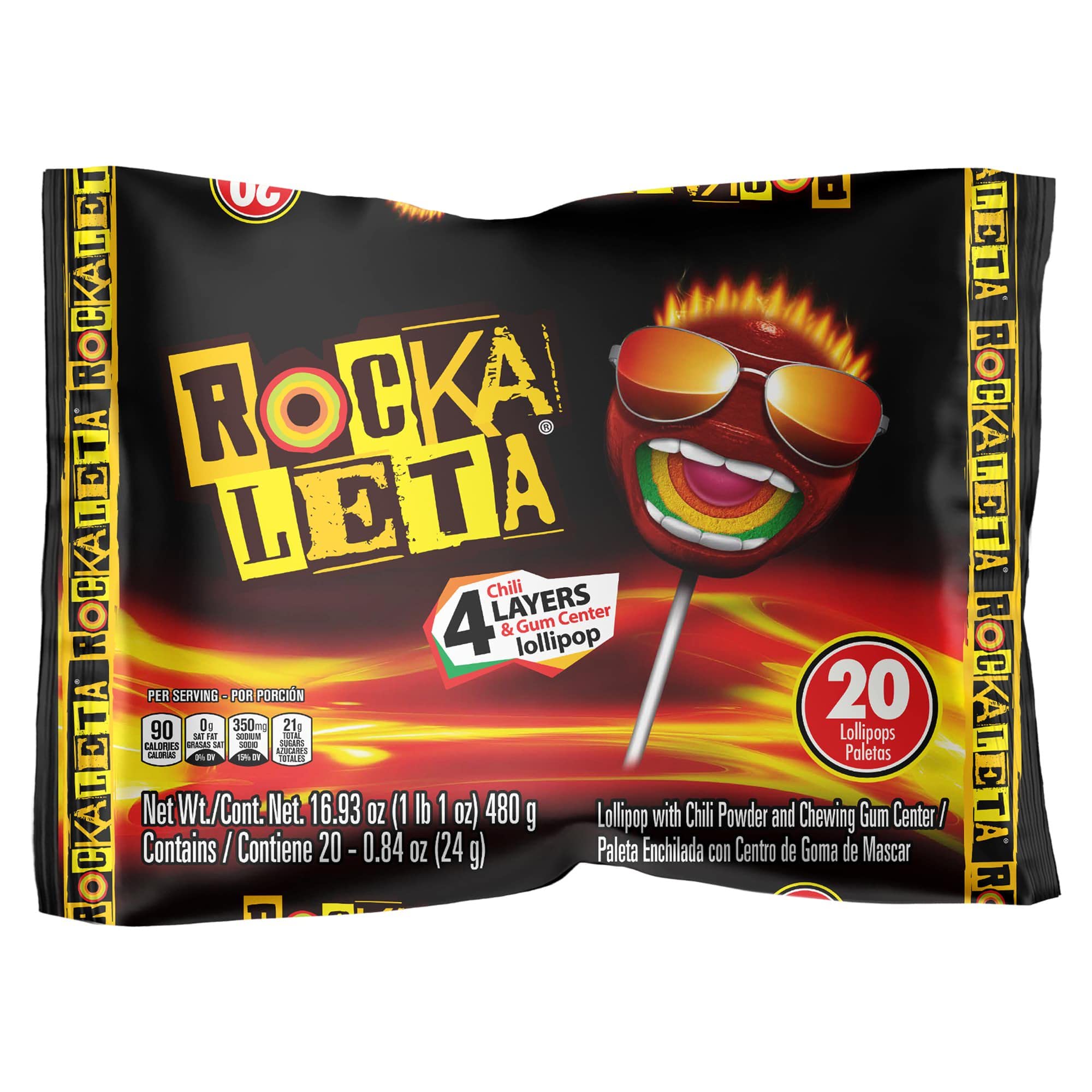 Rockaleta front packaging showing 20-count bag and colorful lollipops for easy selection
