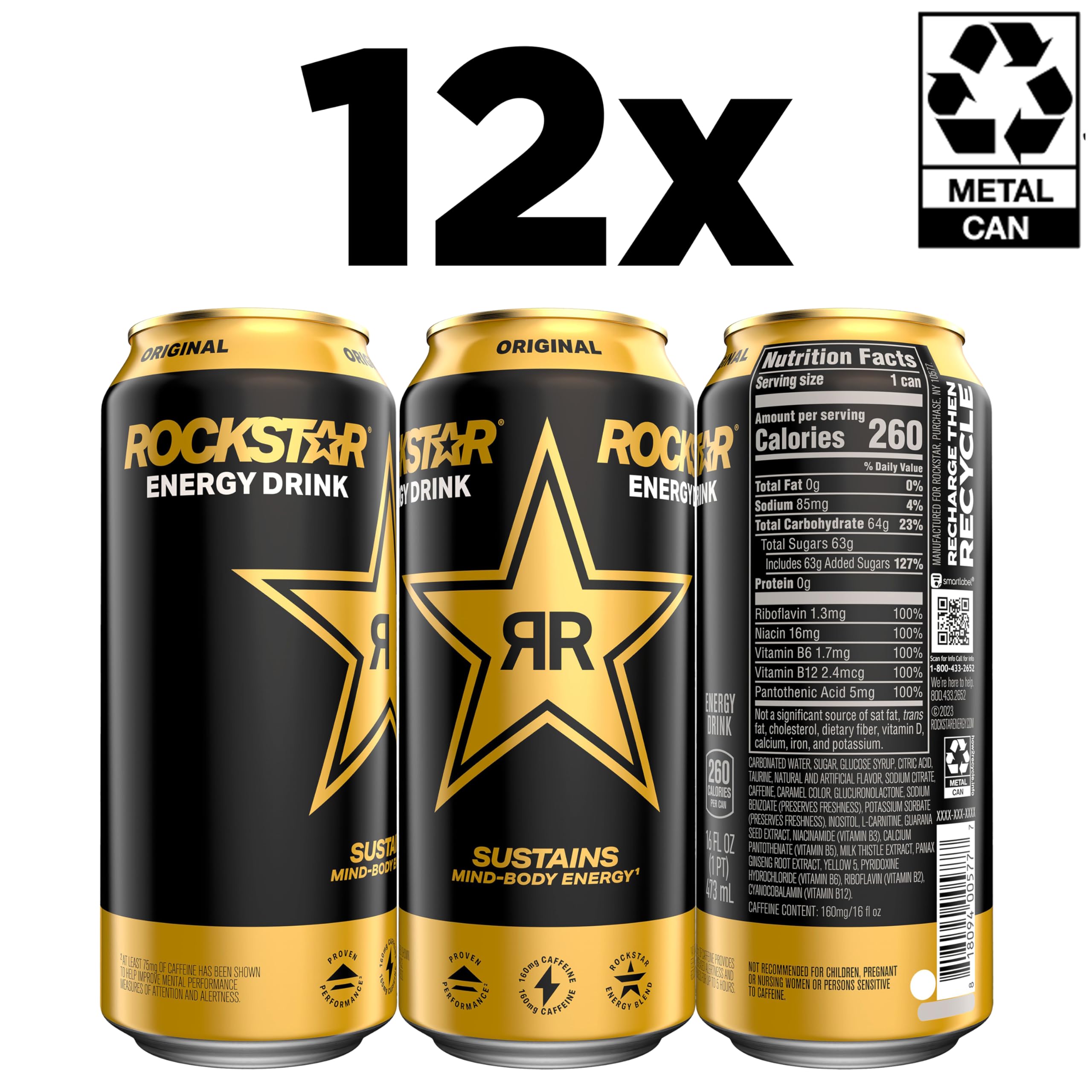 Rockstar original close-up label displaying ingredients and bold branding benefit