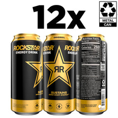 Rockstar original close-up label displaying ingredients and bold branding benefit