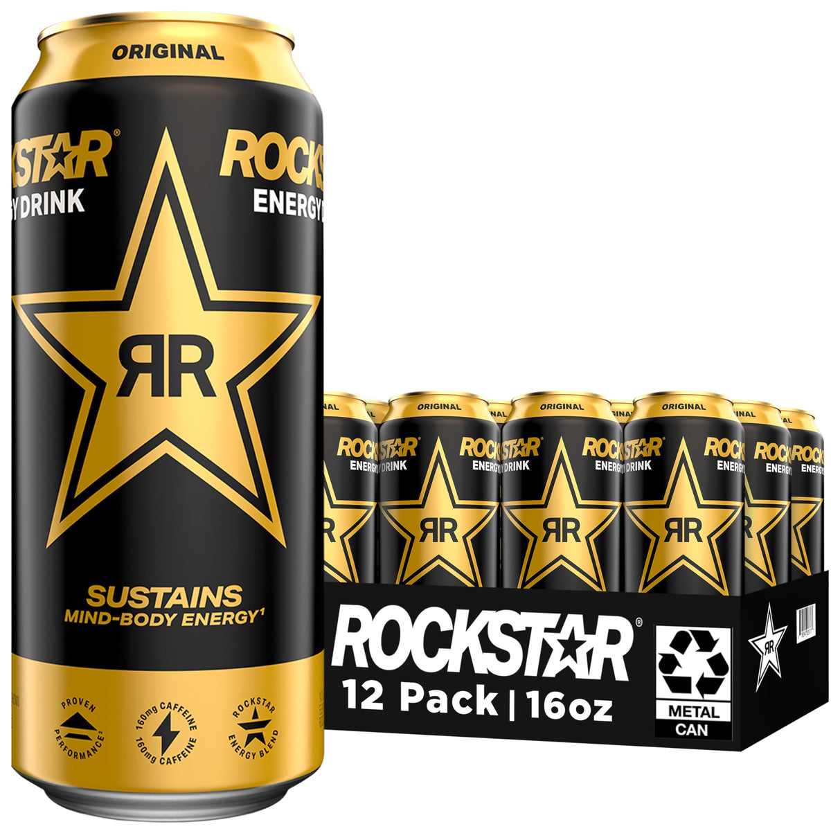 Rockstar original front packaging showing logo and can, energizing refreshment
