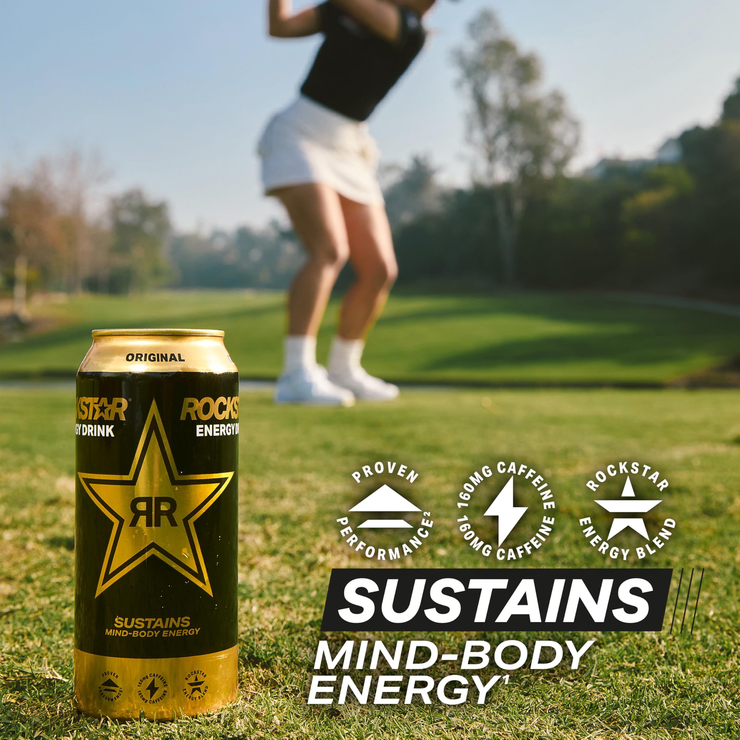 Rockstar original held in hand for size comparison, convenient portable energy