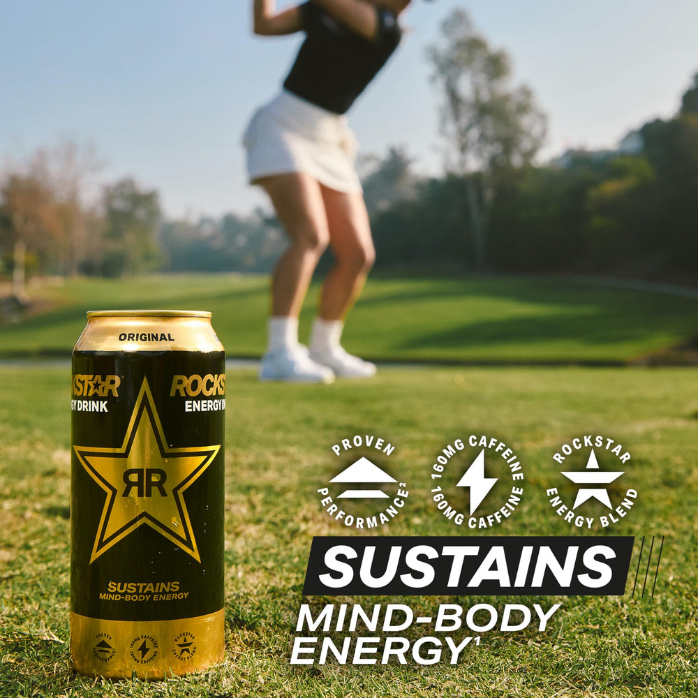Rockstar original held in hand for size comparison, convenient portable energy