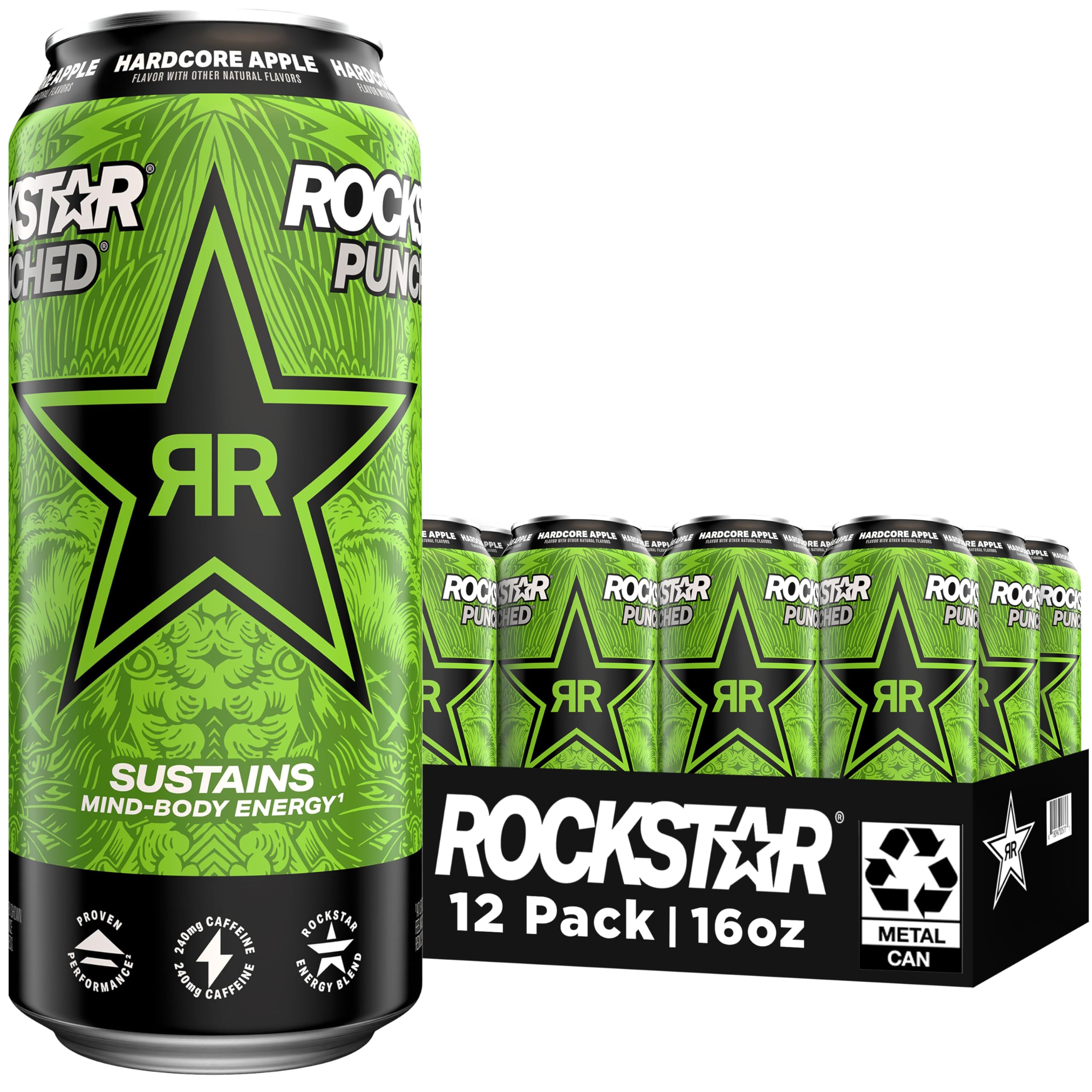 Rockstar can front view showing Hardcore Apple branding and bold flavor benefit