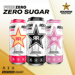Hand holding a Rockstar Pure Zero can to demonstrate 16 fl oz size and portable energy