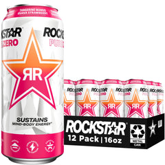Rockstar Pure Zero front packaging showing 12-pack and bold fruit branding for convenience