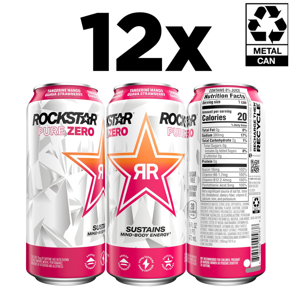 Rockstar Pure Zero pouring into a glass with foam, showing refreshing zero-sugar beverage