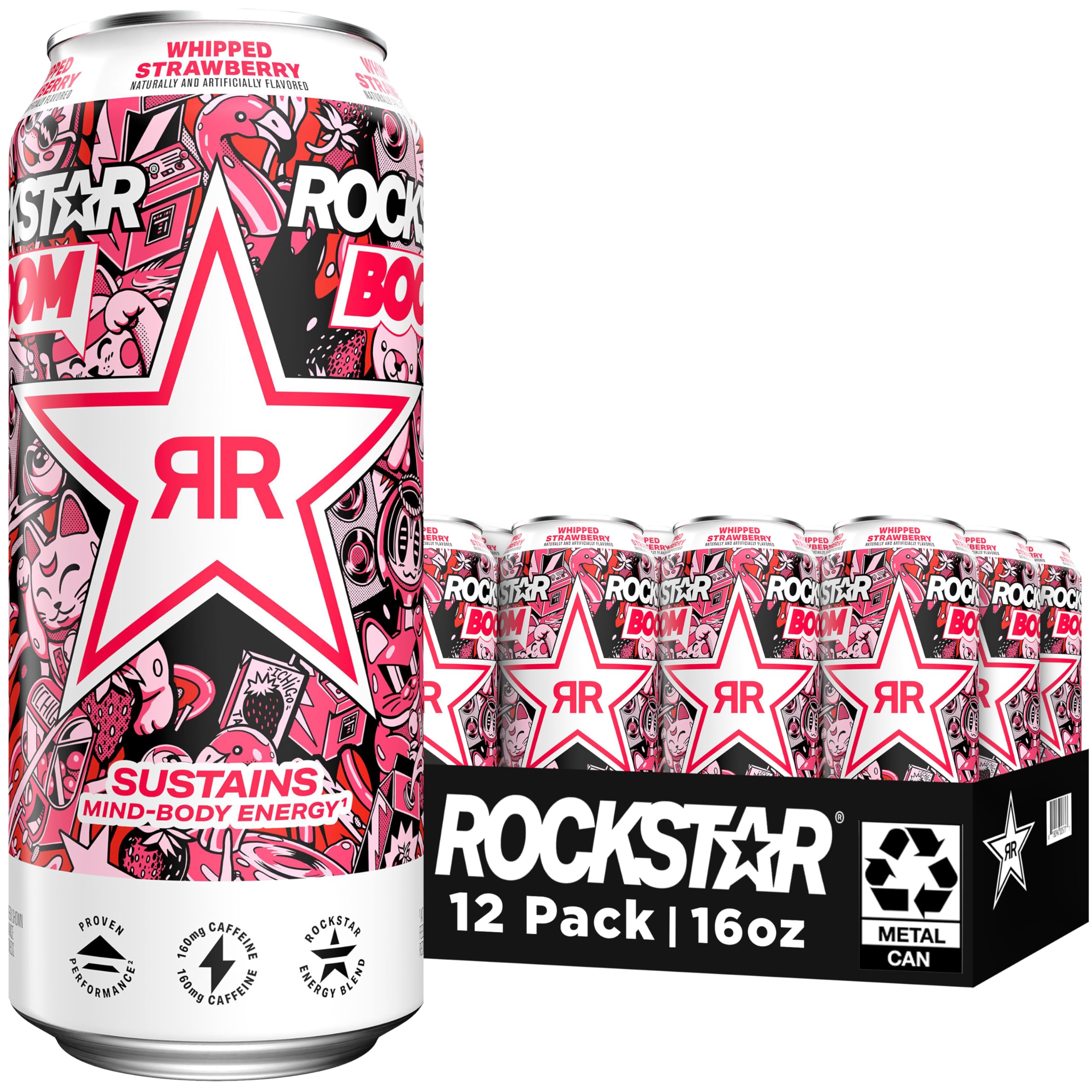 Rockstar can front packaging showing whipped strawberry flavor and vibrant design