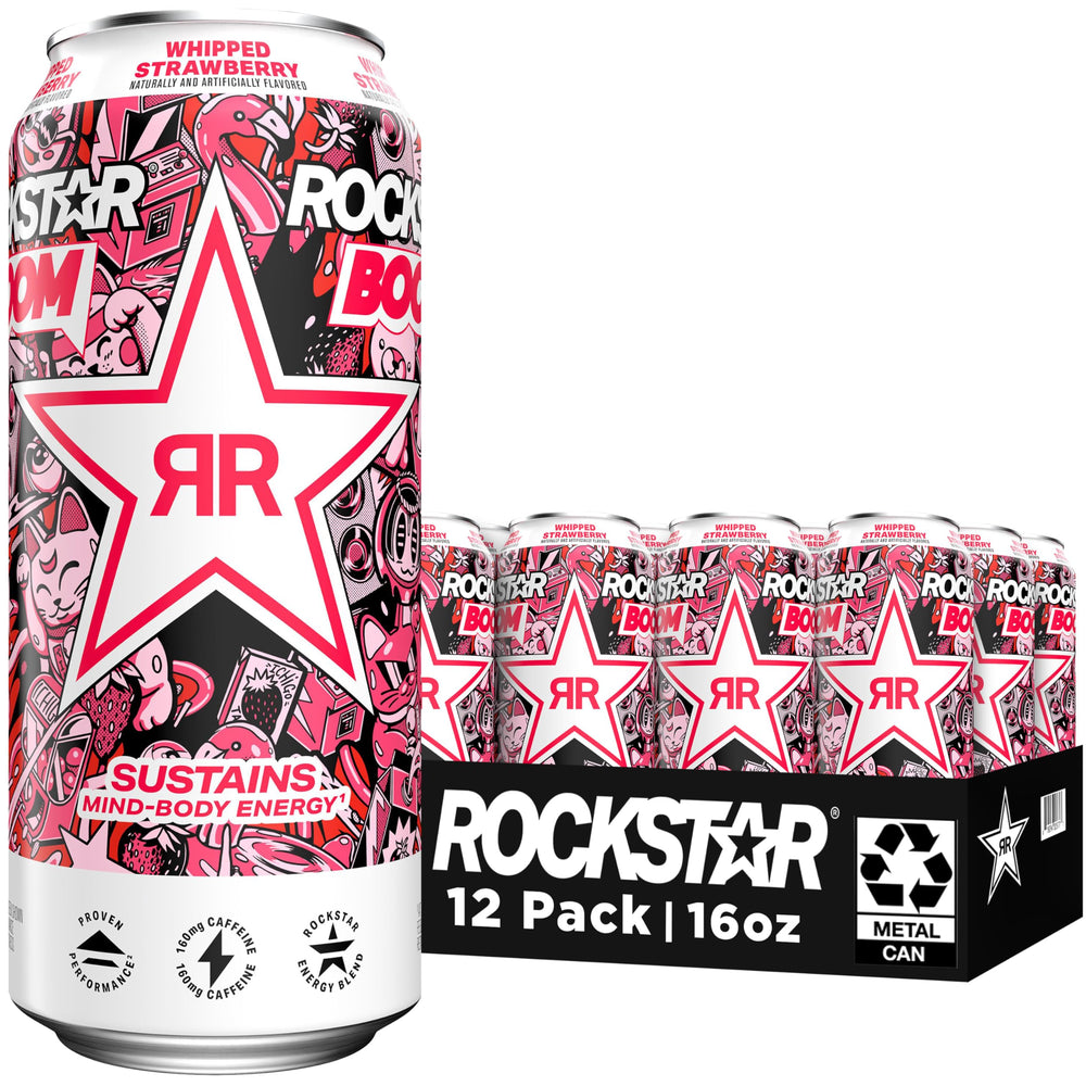 Rockstar can front packaging showing whipped strawberry flavor and vibrant design