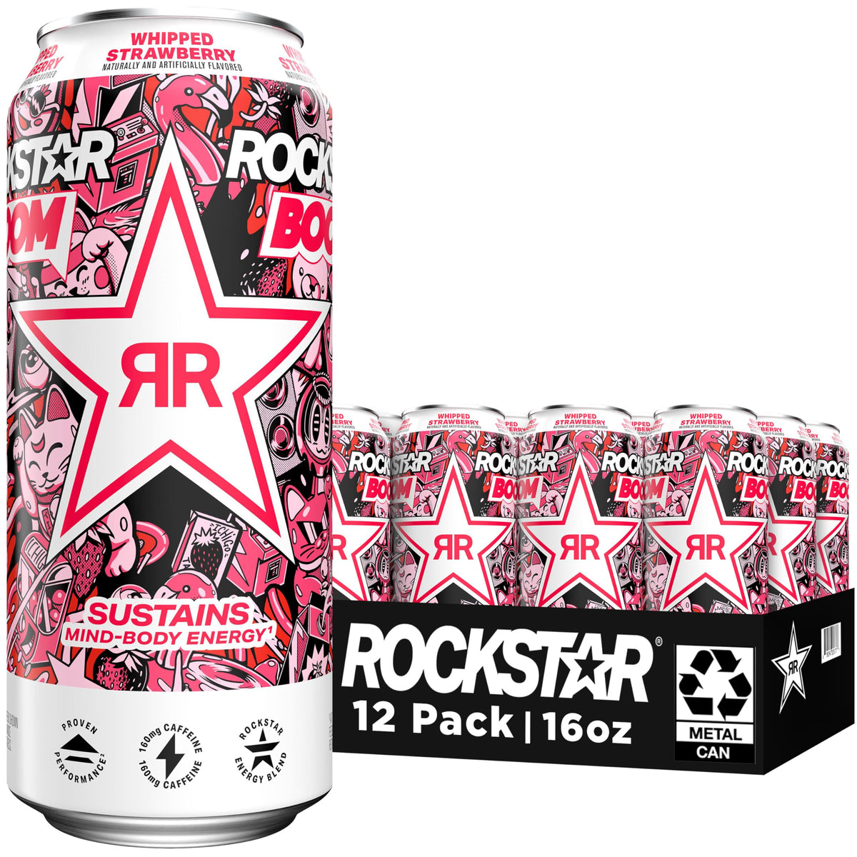 Rockstar can front packaging showing whipped strawberry flavor and vibrant design
