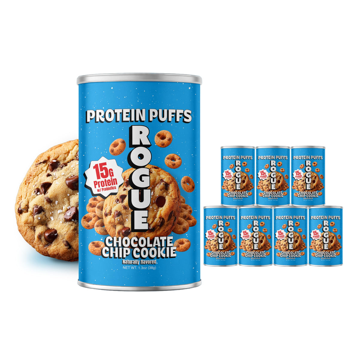 ROGUE SNACKS front packaging showing high-protein cookie puffs benefit convenience