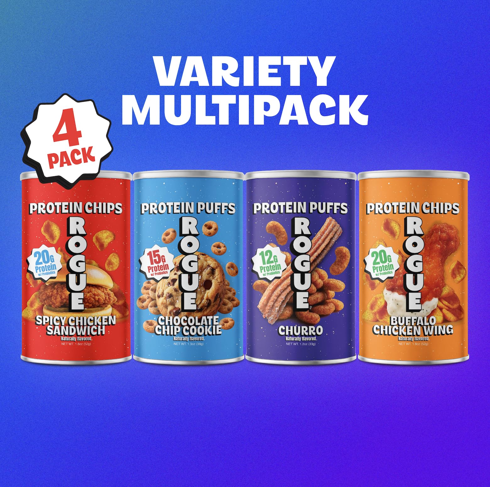 Rogue Snacks single-serve pouch opened with visible chips and puffs