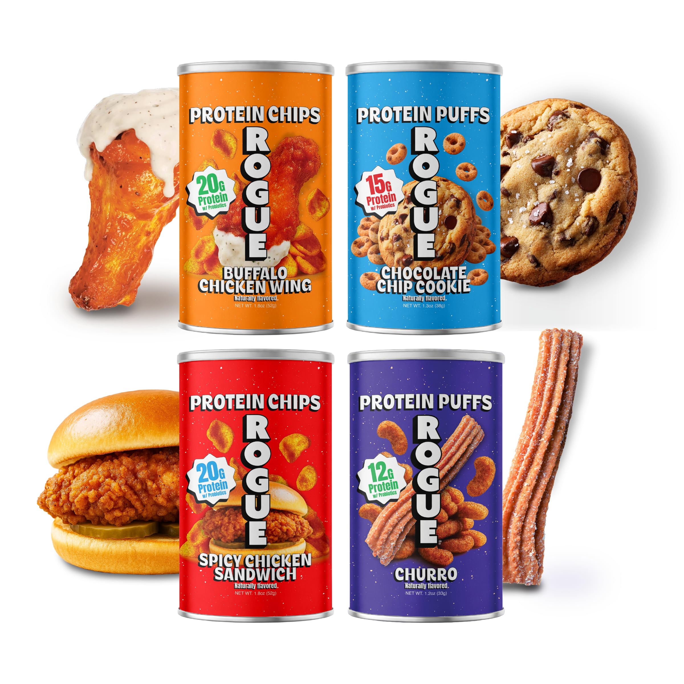 Rogue Snacks front packaging showing variety pack and bold branding