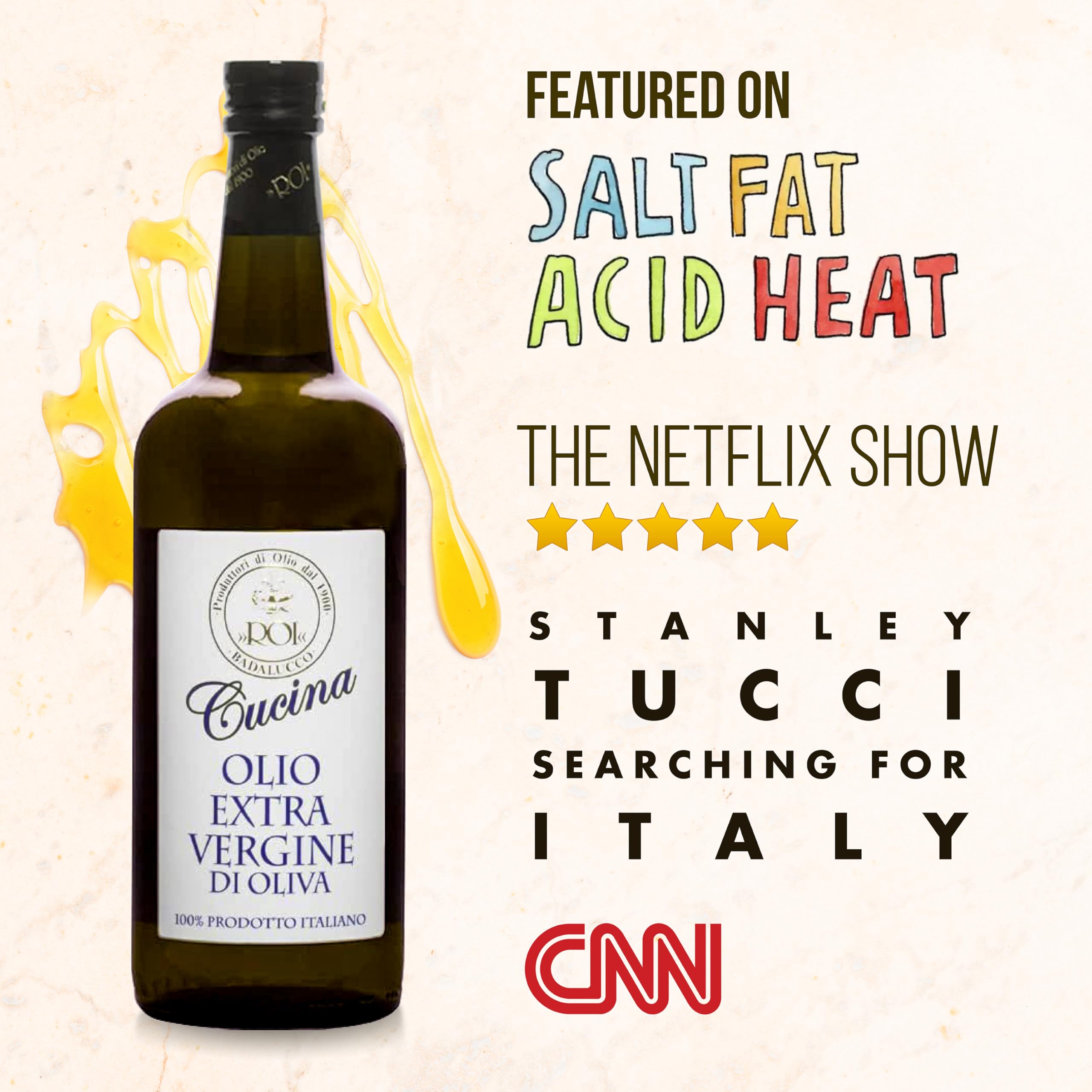 ROI Cucina Ligurian drizzled over salad demonstrating fresh flavor boost and finishing use