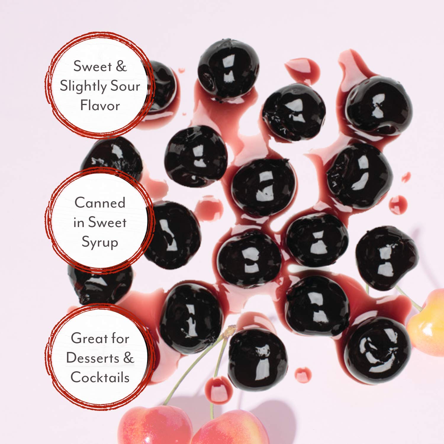 Roland Foods close-up of whole Amarena cherries, shows deep color and glossy fruit