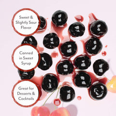 Roland Foods close-up of whole Amarena cherries, shows deep color and glossy fruit