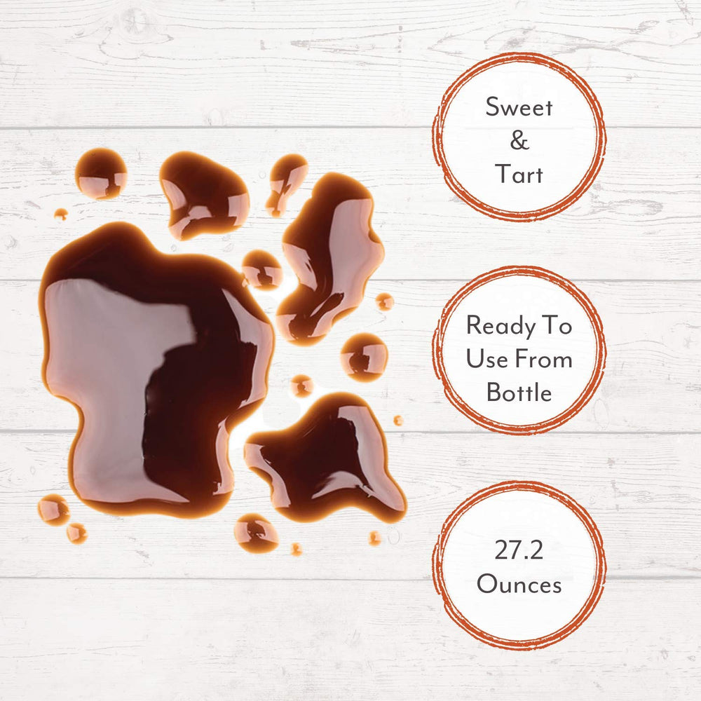 Roland Foods glaze pouring in a dark ribbon, demonstrates silky texture and gloss
