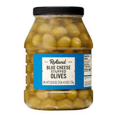 Roland Foods front jar view of blue cheese stuffed olives showing label and size for pantry storage